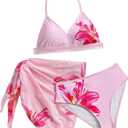 Girl's 3 Piece Floral Print Halter Triangle Bikini Set Cute Swimsuits with Cover Up Beach Skirt (Pink) 13 Years