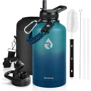 Insulated Water Bottle 64 oz, Triple Wall Vacuum Stainless Steel (Cold for 48 Hrs), Leak Proof & Non-BPA, Half Gallon Water Flask Jug with Paracord Handle & Straw Spout Lids, Cyan Blue