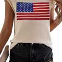 TKTSO Women American Flag Cap Sleeve Knit Sweater Vest Summer Crew Neck Sleeveless Top Casual Vacation Pullover Tank Top, Size: Small
