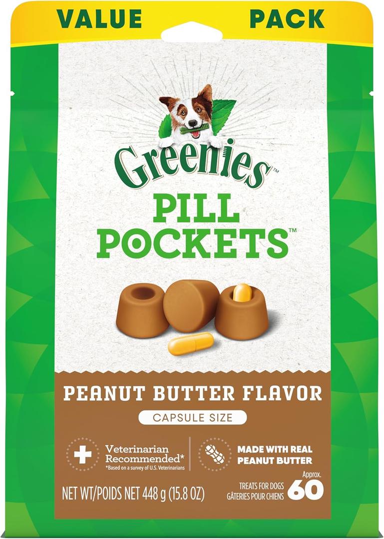 Greenies Pill Pockets for Dogs, Large Size Soft Dog Treats, Peanut Butter Flavor, 15.8 oz. Pouch (60 Count (Pack of 1))