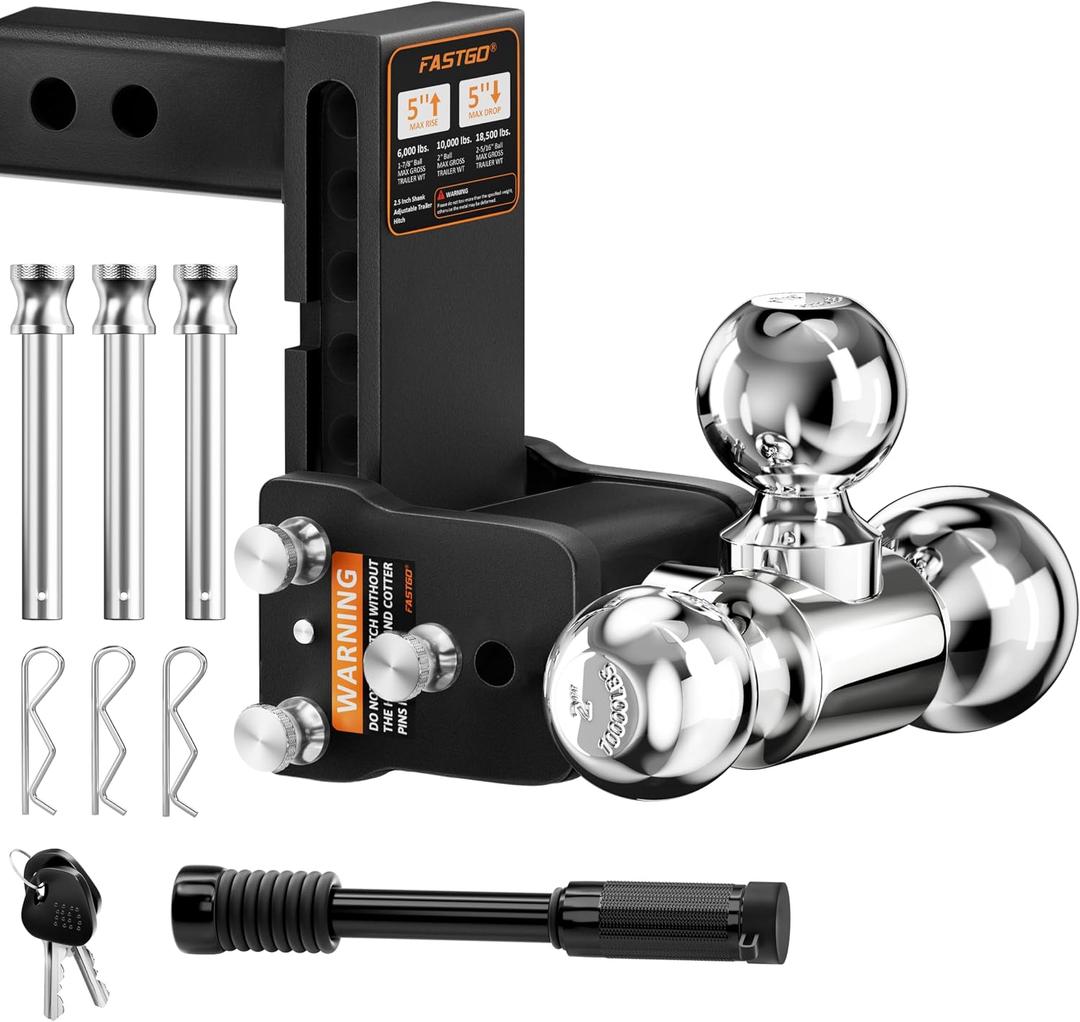 Fastgo Trailer Hitches - Fits 2.5" Receiver, Adjustable Trailer Hitch Ball Mount, Tri Ball (1-7/8" x 2" x 2-5/16") Drop Hitch, Tow Hitch, Truck Hitch, Anti-Theft, 5" Drop/Rise, 18,500GTW