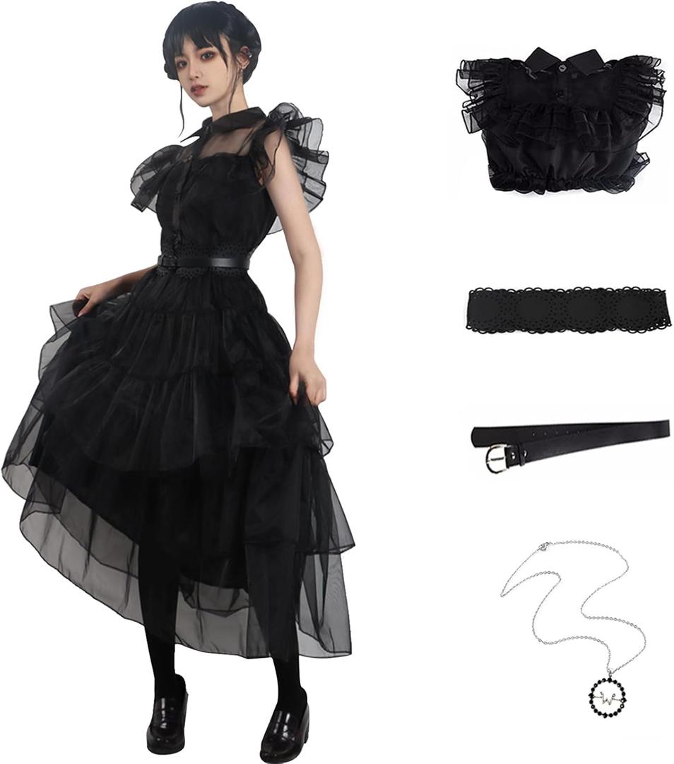 SHIKI Family Wednesday Costume Vintage Goth Black Raven Dance Dress Cosplay Women Girl Tulle Lace Skirt Halloween Party Outfit (XL-Dress)