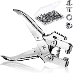 Grommet Eyelet Pliers 3/16 Inch Hole Punch Pliers with 200 Piece Hollow Metal Eyelets Easy Press Portable Handheld Setting Tools for Card Paper Canvas, Silver