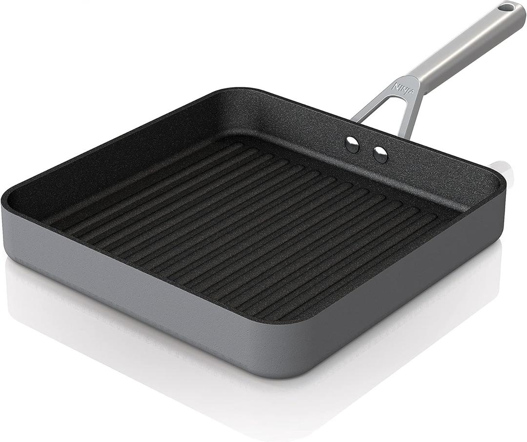 Ninja C30528 Foodi NeverStick Premium 11-Inch Square Grill Pan, Hard-Anodized, Nonstick, Durable & Oven Safe to 500F, Slate Grey (11" Grill Pan)