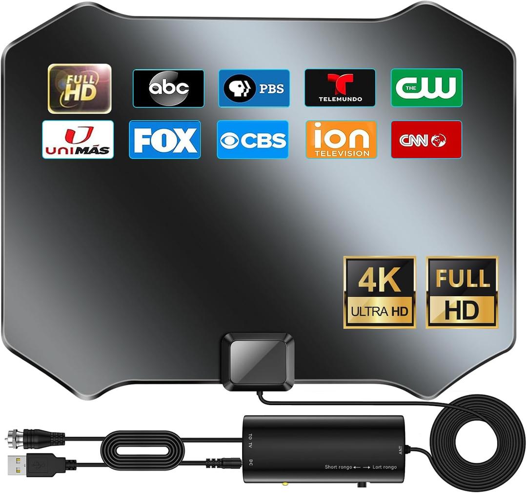 2025 TV Antenna for Smart TV Indoor, 1200+ Miles Long Range, 360 Reception, Supports 8K 4K 1080p HDTV, Black, 75 Ohm Impedance, 100+ Channels, 25ft Coaxial Cable