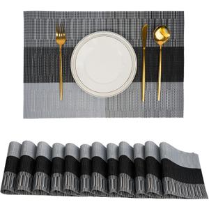 Placemats Set of 12Non-Slip PVC Weave Table Mats Easy to CleanHeat Resistant Place Mats for Kitchen Dining Table Decoration Indoor OutdoorBlack Gray
