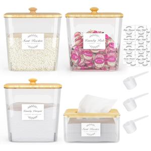 Laundry Room Organization and Storage, Laundry Pods Container and Dryer Sheet Holder with Bamboo Lids and Labels, Laundry Organizer with Scoops for Booster Beads, Powder, Pods, 3+1 Pack