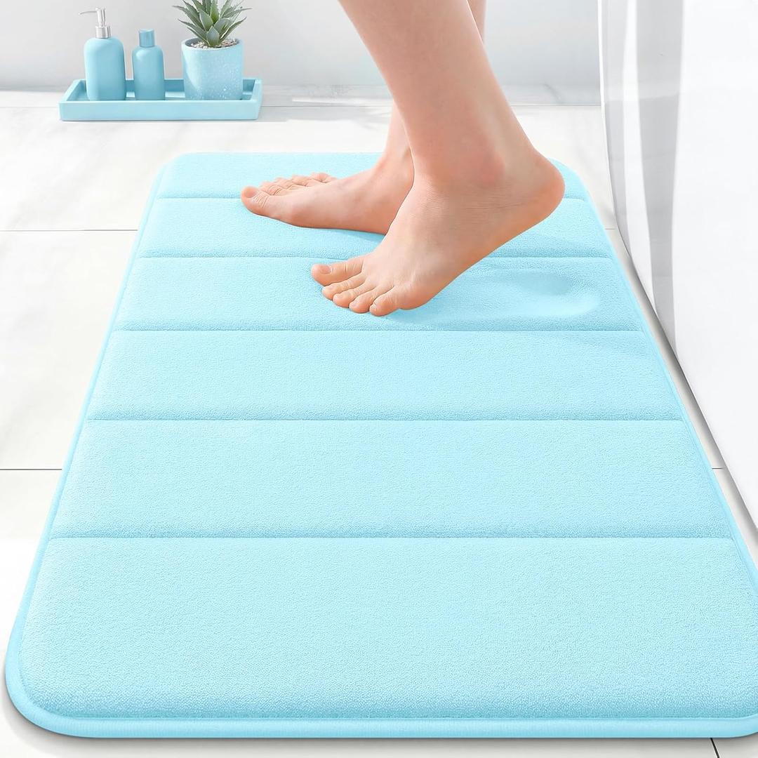 OLANLY Memory Foam Bath Mat 24x16, Super Soft Absorbent Bathroom Rugs, Quick Dry, Machine Washable Shower Floor Rugs, Bathmat Carpet, Bathroom Home Decor Accessories, Sky Blue