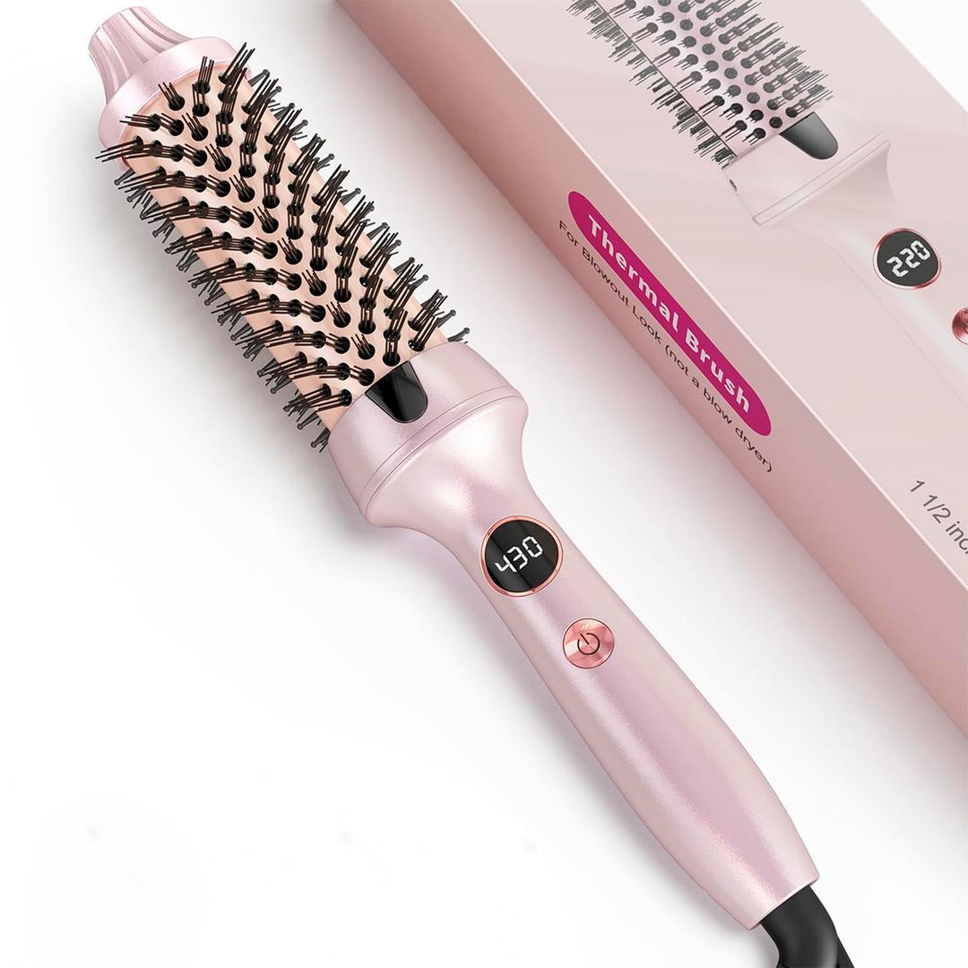 Thermal Hair Brush for Blowout Look, 1.5 Inch Heated Round Brush for Natural Curl,Ionic Curling Iron Wand with Dual Voltage, Volumizing Smoothing Hot Round Brushes, Light Pink