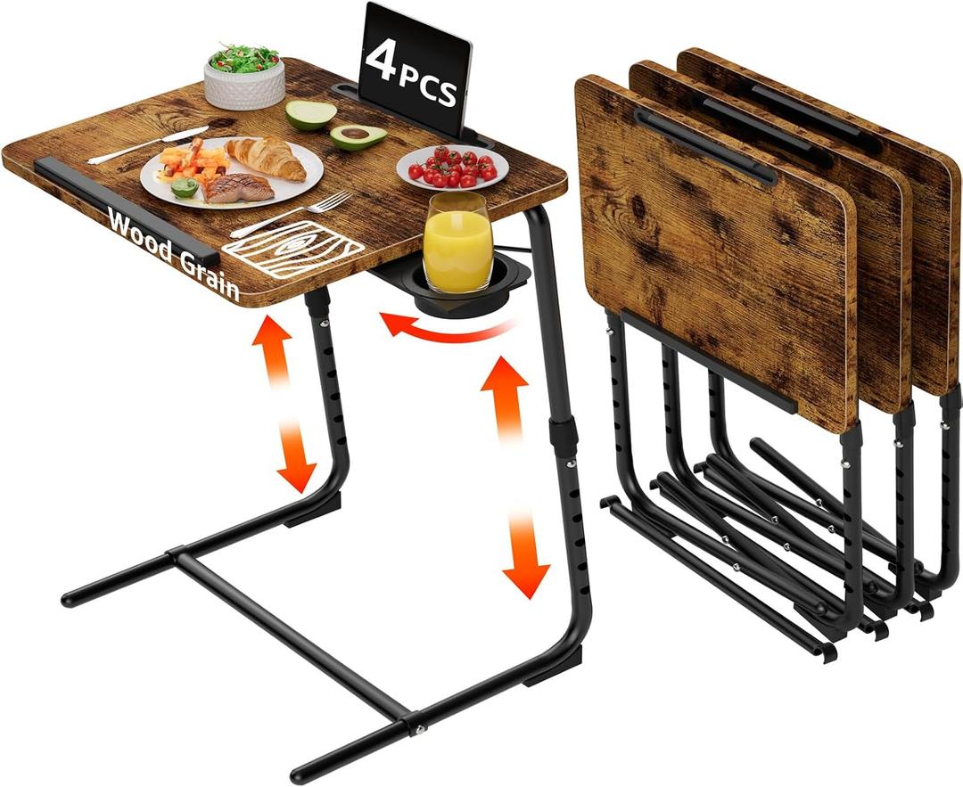 TV Trays Set of 4 - Folding TV Tray Adjustable Dinner Trays for Eating On Couch Wooden Tables Mate Stand Foldable Rustic Desk with Cup Holder Portable, 20.5" L x 15.5" W x 22.3"-29" H