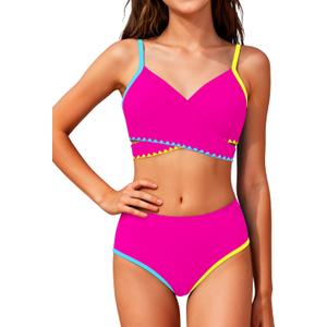 Girls Swimsuit Color Block Criss Cross V-Neck Contrast Trim Geometric Pattern Two Piece Girls Bikini Set (Pink, XS)