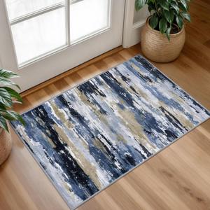 Abstract Washable Entryway Rug 2x3 Area Rug Non Slip Door Mat | Navy Blue Multi;Thin Printed Faux Wool Kitchen Rugs;Indoor Front Door Rug;Entry Rug;Floor Carpet;Throw Rugs for Entrance