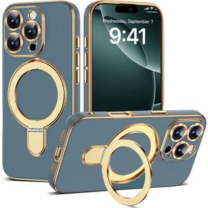 Compatible with iPhone 16 Pro Case with Magnetic Ring Stand [Compatible with Mag-Safe] [Full Camera Lens Protector] Soft Plating Phone Case for iPhone 16 Pro 6.3", Grey Blue