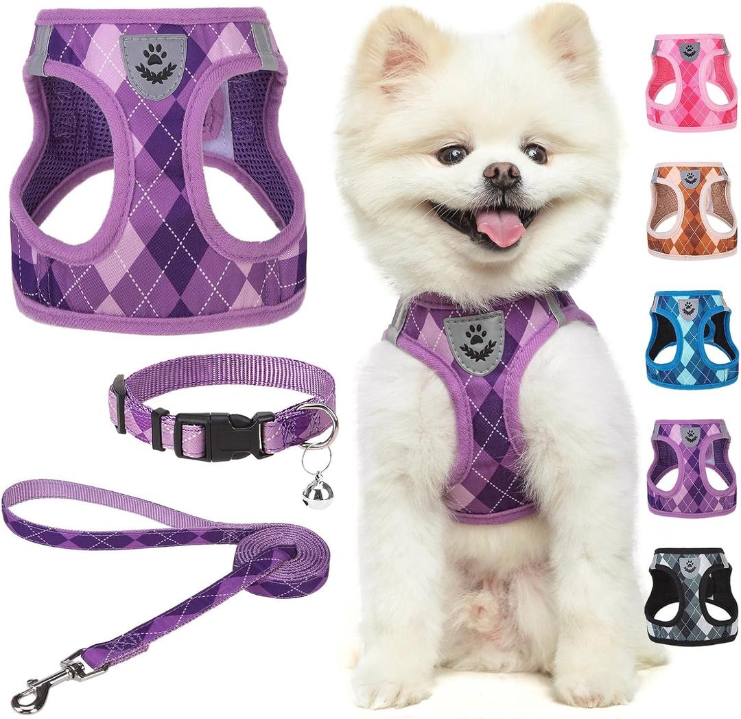 SCENEREAL Dog Harness and Leash Collar Set, Step in No Pull Soft Mesh Dog Harnesses for Dogs Puppy and Cats Outdoor Walking, No Chock Reflective Vest Harness, Purple Plaid, XS