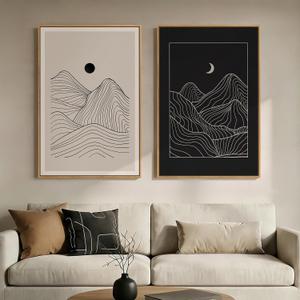 Large Framed Black and Beige Neutral Abstract Wall Art for Living Room, Set of 2 Modern Canvas Prints Paintings Artwork for Walls, Mountain and Moon Pictures for Bedroom Hallway Wall Decor 24x36 In, 24" W X 36" H X 2pcs