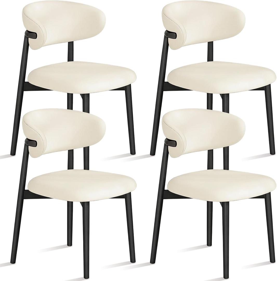 Mifoci 4 Set Leather Dining Chairs, Modern Upholstered Kitchen Chairs with Cushion and Metal Leg, Farmhouse Mid Century Open Back and Padded Seat Chair for Home Living Room (Black Leg)