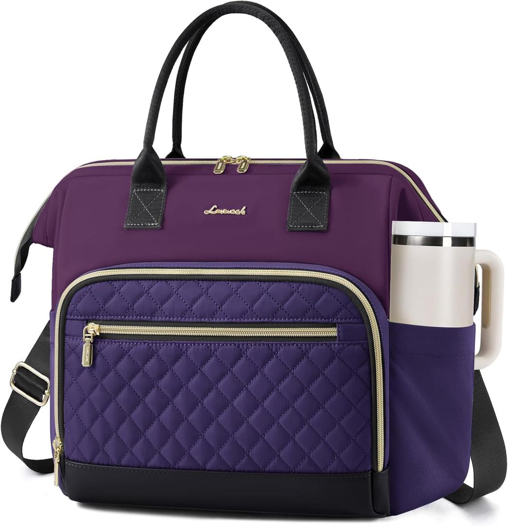 LOVEVOOK Lunch Bag Women, Insulated Adult Lunch Box for Women Work, Wide Opening Leakproof Cooler Tote Bag for Office Campus Picnic Beach with Shoulder Strap, Loncheras Para Mujer with Cup Holder (Large16L, Dark Purple-Black)