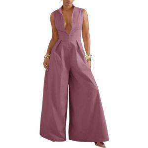 Verdusa Women's Zip Up Wide Leg Jumpsuits Sleeveless One Piece Jumpsuit Formal Dressy Casual Spring Outfits (Pink, M)