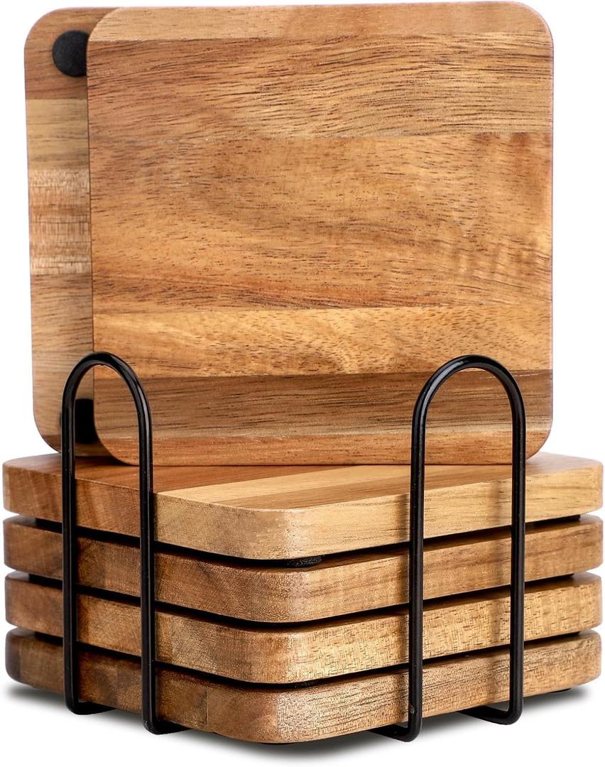 Acacia Wood Coasters with Iron Holder Stand for Coffee Table, Drink Protection Decor (Square Acacia Wooden Set 6)