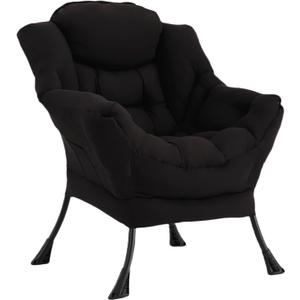 Welnow Black Single Lazy Chair for Living Room, Modern Reading Accent Chair with Armrests and a Side Pocket, Leisure Lazy Sofa Chair for Small Space, Bedroom, Dorm