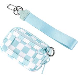 Wristlet Wallet for Women Mini Zip Card Case with Clear ID Window Zipper Coin Purse Lightweight Portable Keychain Wallet(Blue Lattice)