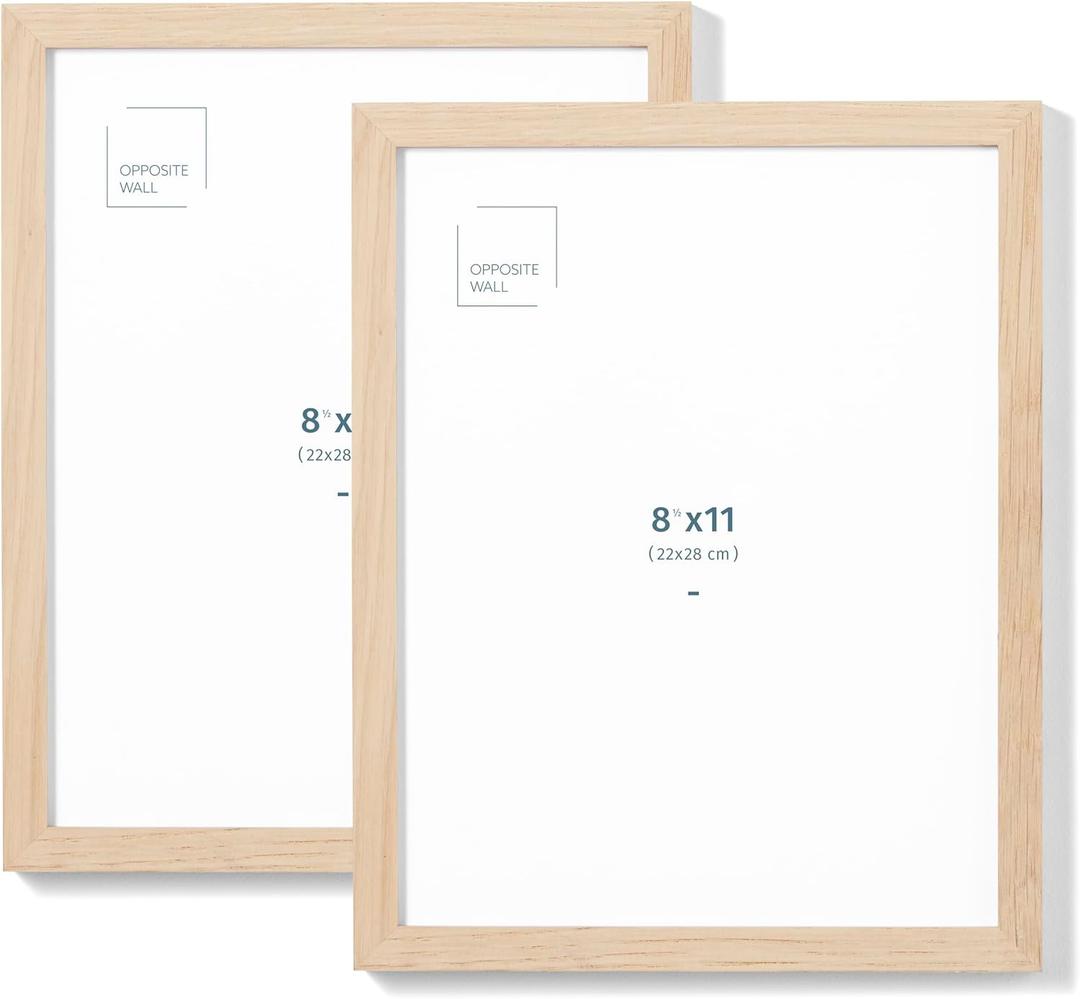 Opposite Wall - Set of 2-8.5 x 11 in - Natural Solid Oak Wood Picture Frames - Lightweight, Versatile & Shatterproof - Wall Hanging & Tabletop Photo Frame - Office, Gallery & Home Decor
