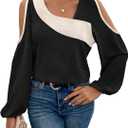 SOLY HUX Women's Cold Shoulder Colorblock Tops Long Sleeve Off Shoulder Casual Shirts Asymmetrical Blouse (Medium, Black and Apricot)