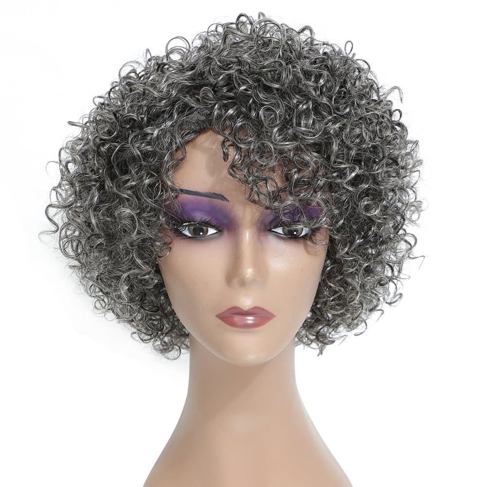 HUA Grey Glueless Wigs Human Hair Wigs for Black Women Grey Short Curly Wigs for Black Women Human Hair Mixed Kinky Curly Wear and Go Glueless Wig Ombre Gray 8 Inch Short Wigs for Older Women, Wig Grey