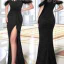 VFSHOW Womens Formal Prom Beaded Halter Neck Keyhole Maxi Dress Feather Cold Shoulder Ruffle High Slit Evening Gown (Black, XXXL)