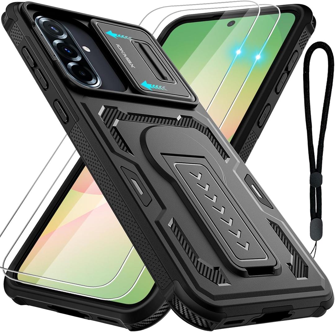 for Samsung Galaxy A36 5G/A56 5G Case with 2 Pack Screen Protector, Upgrade Slide Camera Cover & Kickstand, Lanyard Strap, Military Grade Shockproof Heavy Duty Robust Bumper Phone Case, Black