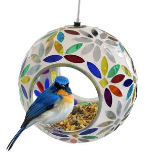 Sunnydaze 6-Inch Glass Mosaic Hanging Bird Feeder for Outdoors - Fly-Through Wild Bird Feeder - Rainbow Daisies (Rainbow Daisies Mosaic)