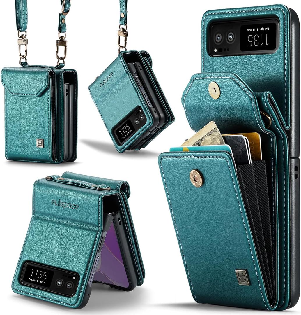 YQODSZ for Motorola Razr 2023 Case with Card Holder [Crossbody & Hand Strap] Classic Retro PU Leather Flip Cover Card Slot Magnetic Closure Women Men Flip Protective Case for Moto Razr 2023 Green