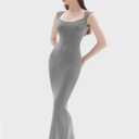 PUMIEY Women's Square Neck Cap Sleeve Maxi Dress Ribbed Bodycon Dress Summer Dresses for Women (Gray, L)