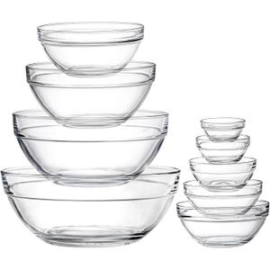 Lawei Set of 9 Glass Mixing Bowls - Glass Nesting Bowls Prep Bowl Clear Salad Bowls for Kitchen Prep Salad, Cereal, Ice Cream, Pasta, Fruits