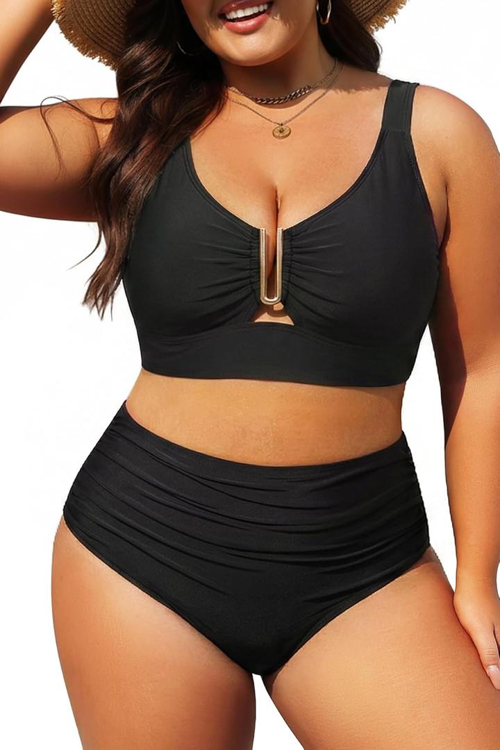 Yonique Women Plus Size High Waisted Bikini - Two Piece Swimsuit U-Wire Cutout Tummy Control Bathing Suit 2026 Swimwear (Black)