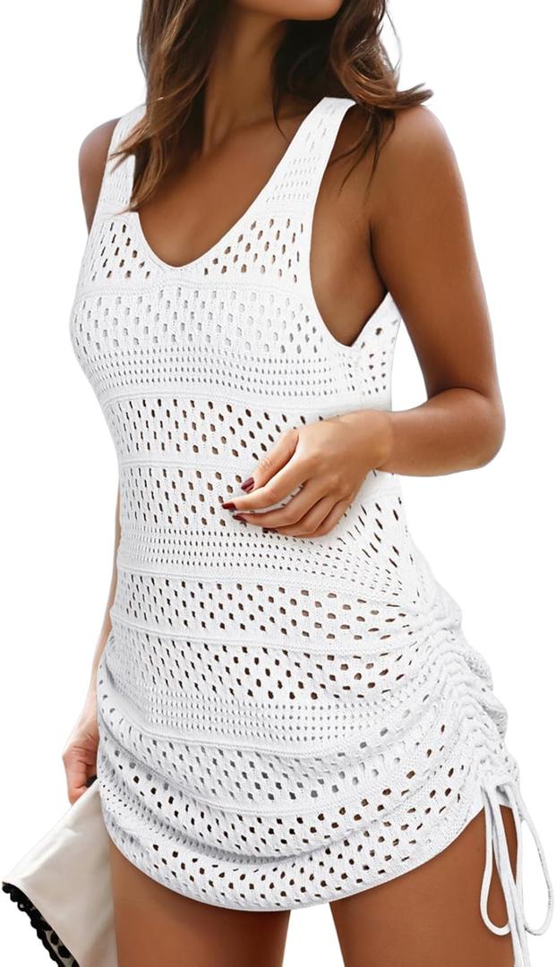 Dokotoo Womens Swimwear Cover Ups 2025 Summer Crochet Hollow Out Knit Bathing Suit Beach Dresses (Medium, White Drawstring)