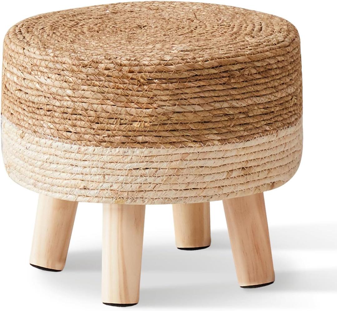 Wimarsbon Round Foot Stool Natural Seagrass Poufs Ottoman Hand Weave Footrest Stool for Couch Desk Extra Seat Step Stool with Solid Wood Legs for Hallway Patio Lounge White