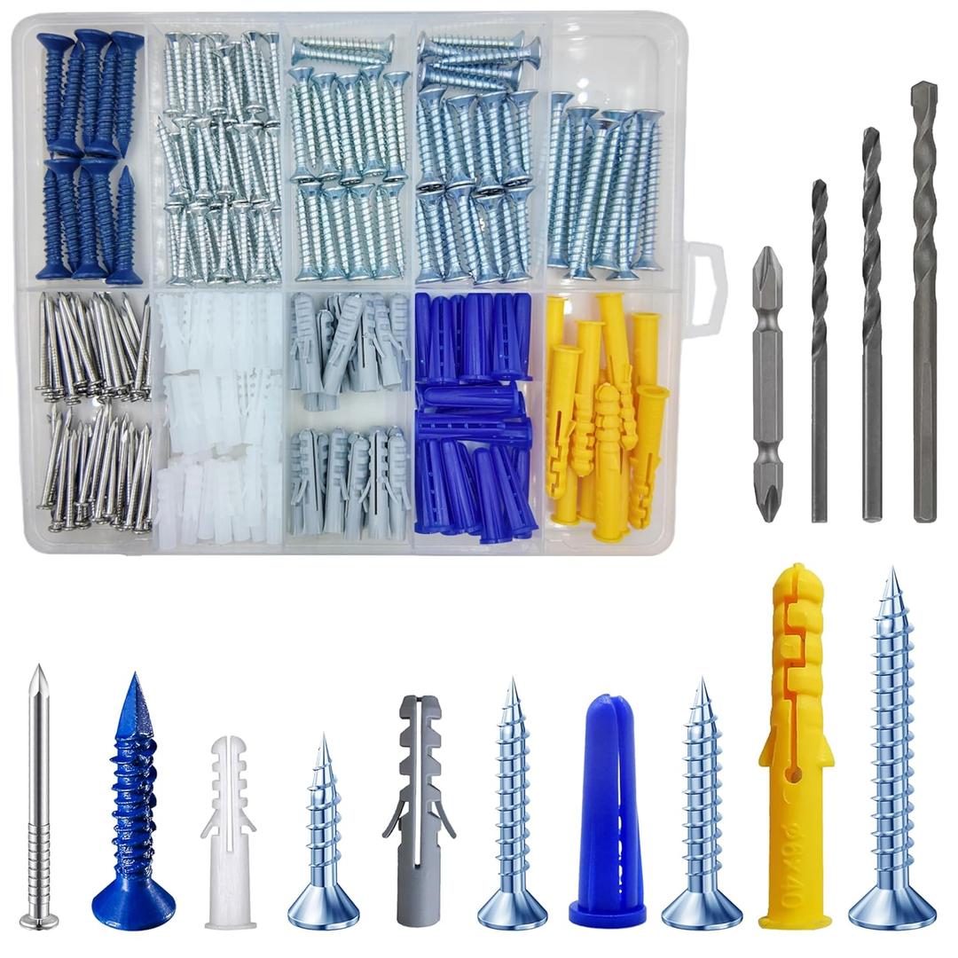 (274 pcs) Plastic Drywall Wall Anchors Kit with Screws Concrete Screw kit Wall Anchor Set Suitable for Brick and Cement Walls