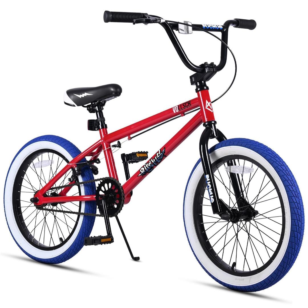Vollsch Freestyle BMX Bikes 18 Inch Kids Bicycle for 6-12 Years Old Teens, Boys, Girls, Beginner-Lever Riders, Red with Blue Tires, Without Pegs