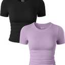 OQQ Womens 2 Piece Shirts Short Sleeve Crew Neck Ruched Stretch Fitted Tee Shirts Crop Tops (Medium, Black,taro Purple)