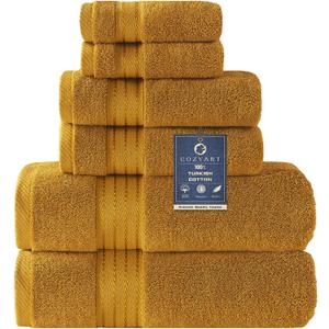 COZYART Gold Bath Towel Set 6pcs, Turkish Cotton Bathroom Towel Sets Soft Absorbent and Durable 650 GSM Luxury 6 Pcs with 2 Bath Towels, 2 Hand Towels, 2 Washcloth
