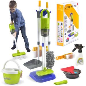 Toddler Cleaning Set, Kids Cleaning Toy Set with 2 in 1 Kids Vacuum that Really Works, Mop, Broom, 14Pcs Pretend Play Home Cleaning Playset for Toddler Ages 3+, Birthday Gift for Girls Boys (Blue)