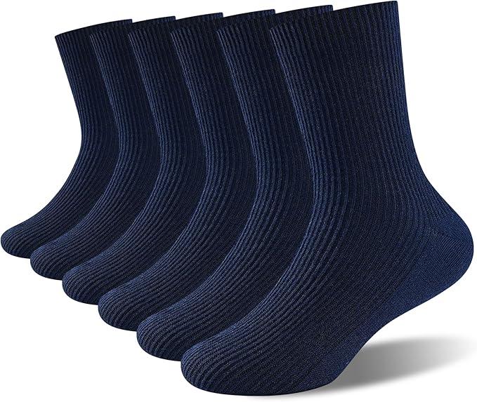 Unisex Kids 100% Natural Cotton Socks, Soft Moisture Wicking Dress Crew Socks for Boys and Girls, Navy Blue