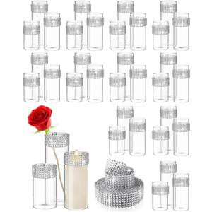 Zubebe 36 Pcs Glass Cylinder Vase Clear Multiple Size Glass Flower Vase Centerpieces with 6 Row 5 Yard Diamond Ribbon Rhinestone Ribbon for Home Wedding Party Table Centerpiece Decor
