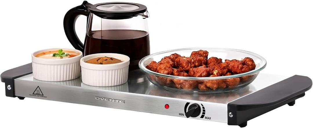 OVENTE Electric Warming Tray with Adjustable Temperature Control, Compact Food Warmer & Server for Buffets, Parties, Events, and Dinners, Cool-Touch Handles, Stainless Steel, Silver FW170S