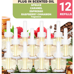 Plug In Refills Air Freshener, Spruce, Caramel, Espresso, Raspberry Cinnamon, Essential Oils for Home, 7.92 Fl Oz, 12 Count (Spruce, Caramel, Espresso, Raspberry Cinnamon)