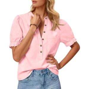 Cicy Bell Womens Puff Sleeve Tops Button Down Shirts Summer Casual Collared V Neck Cotton Blouse (Pink)