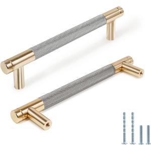 Zernmiarder Knurled Cabinet Pulls 6 Pack, 6 Inch Long Cabinet Handles Metal Door Pulls, Kitchen Drawer Pull Knurled Dresser Handles - 5" Hole to Hole, Grey & Gold