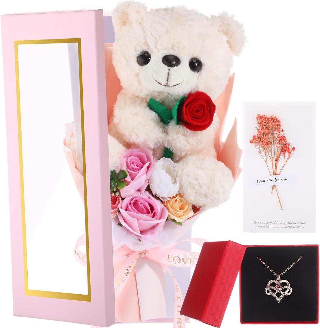 Bear Flower Bouquet for Women 15in Rose Plush Bear Gift Box, Artificial Bouquet Necklace & Card for Valentines Day, Graduation, Anniversary, Mothers Day,Girlfriend Gifts, (Pink,Rose)