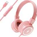 Kids Headphones with LED Lights for School, Upgrade USB Type C Kid Headphone with Microphone, Volume Limiter 85/94dB, Wired On Ear Headphones for Boys/Girls/Tablet/Travel -Pink
